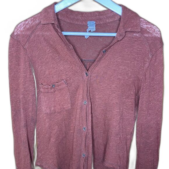 WE THE FREE Button-Down Shirt Linen Cotton Semi Sheer Stretch Womens XS Rust - Picture 1 of 9